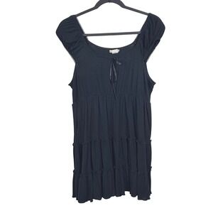 VTG Y2K Janette 1X Black Babydoll Tiered Ruffle Tunic Top Square Neck Cap Sleeve